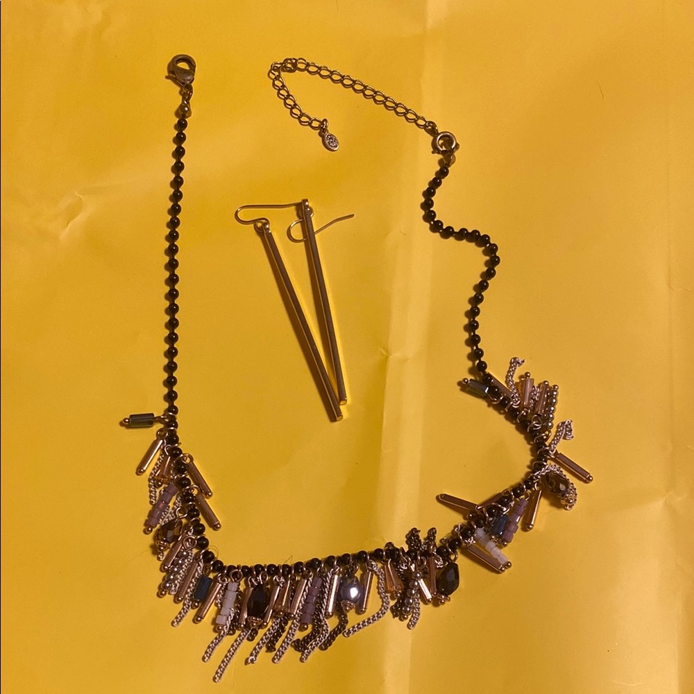 Premier Designs Gold and Black Fringe Necklace and gold stiletto earrings